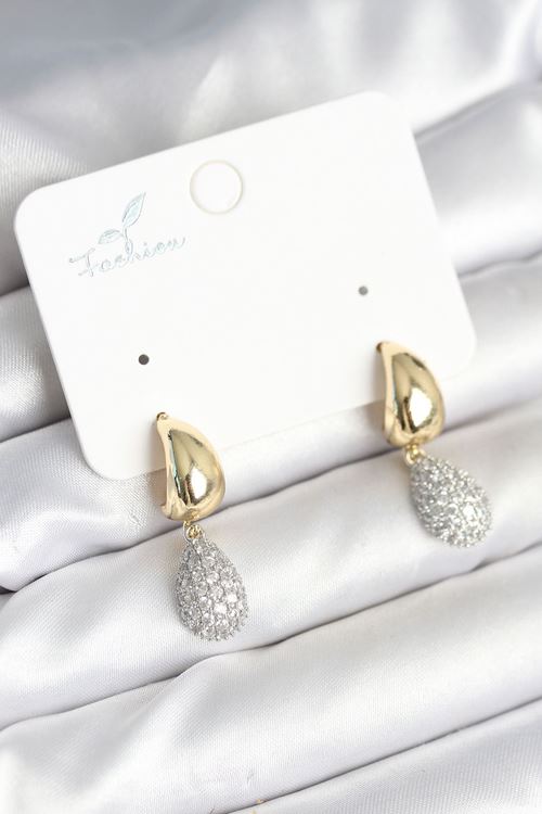 YRTCL Gold Renk Zirkon Taşlı Damla Pirinç Kadın Küpe