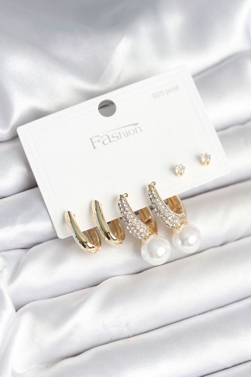 YRTCL Pirinç Gold Renk Zirkon Taşlı İnci Detaylı 925 Ayar Gümüş Çivili Kadın Küpe Seti