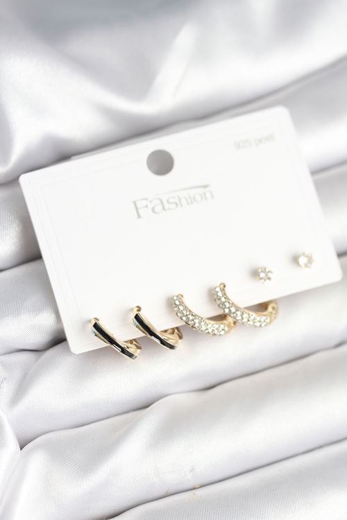 YRTCL Gold Renk Pirinç Zirkon Taşlı 925 Ayar Gümüş Çivili Kadın Küpe Seti