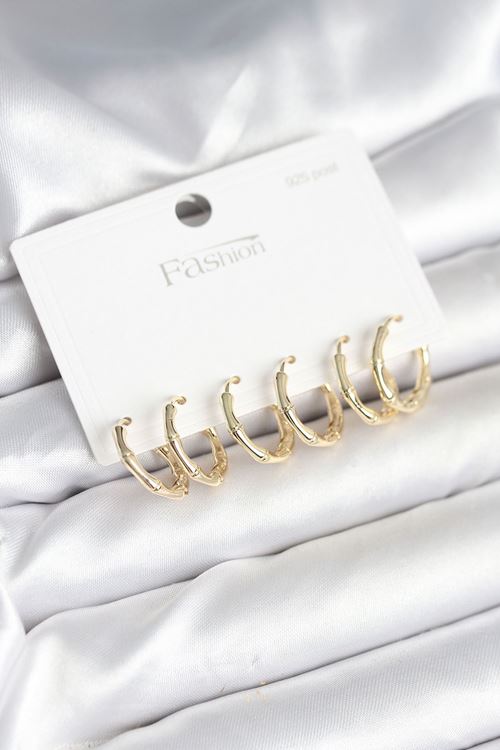 YRTCL Pirinç Gold Renk Kemik Halka Model 925 Ayar Gümüş Çivili Kadın Küpe Seti