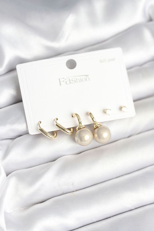 YRTCL Pirinç Gold Renk İnci Detaylı 925 Gümüş Çivili Kadın Küpe Seti