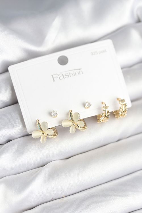 YRTCL Kelebek Model Gold Renk Pirinç 925 Ayar Gümüş Çivili Kadın Küpe Seti