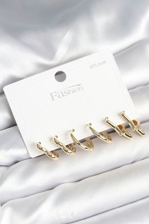 YRTCL Pirinç Gold Renk Kalp Yıldız ve Halka Model 925 Ayar Gümüş Çivili Kadın Küpe Seti