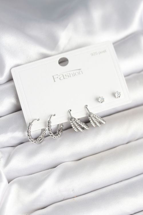 YRTCL Pirinç Gümüş Renk Zirkon Taşlı 925 Gümüş Çivili Kadın Küpe Seti