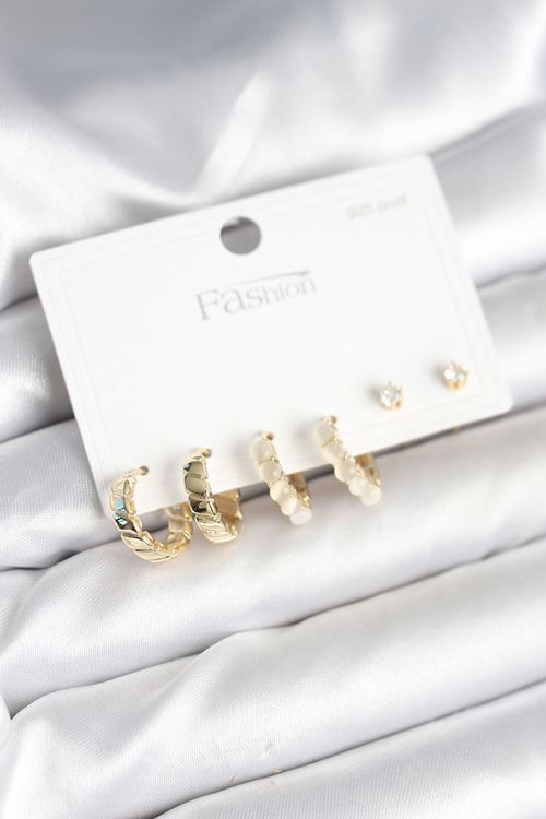 YRTCL Gold Renk Pirinç Halka 925 Ayar Gümüş Çivili Kadın Küpe Seti