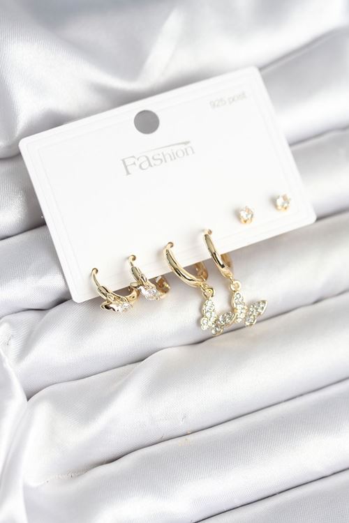 YRTCL Gold Renk Pirinç Kelebek Model 925 Ayar Gümüş Çivili Kadın Küpe Seti