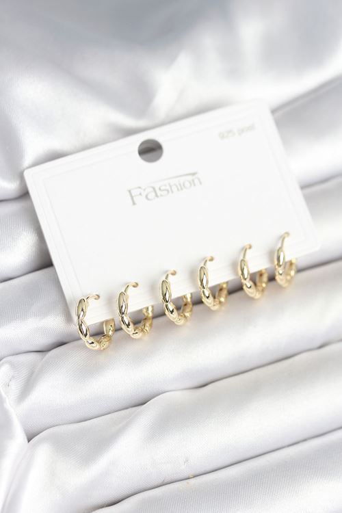 YRTCL Pirinç Gold Renk Baklalı Halka 925 Gümüş Çivi Kadın Küpe Seti