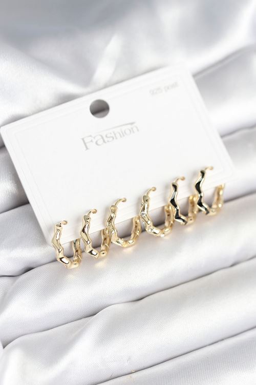 YRTCL Gold Renk Pirinç Zikzak Model 925 Ayar Gümüş Çivili Kadın Küpe Seti