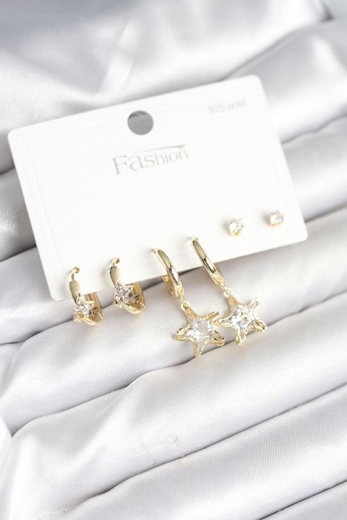 YRTCL Pirinç Gold Renk Yıldız Model 925 Gümüş Çivili Kadın Küpe Seti