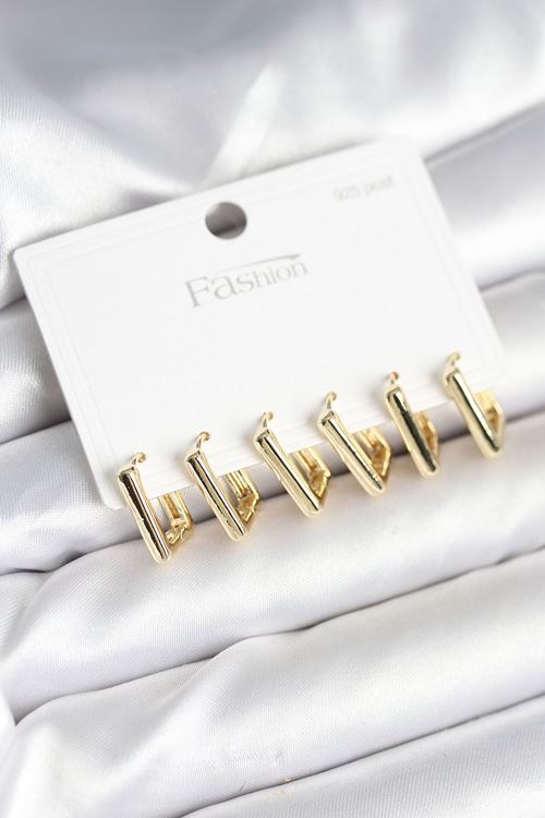 YRTCL Gold Renk Kare Model Pirinç 925 Ayar Gümüş Çivili Kadın Küpe Seti