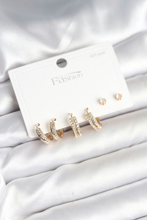 YRTCL Pirinç Gold Renk Zirkon Taşlı 925 Gümüş Çivili Kadın Küpe Seti