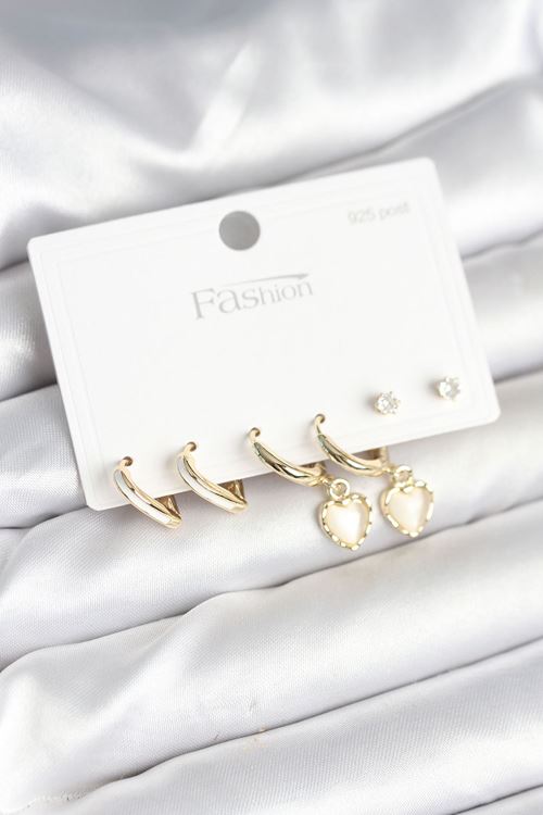 YRTCL Pirinç Gold Renk Kalp Detaylı 925 Ayar Gümüş Çivili Kadın Küpe Seti