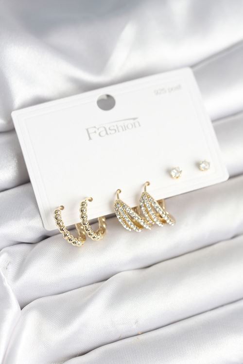 YRTCL Gold Renk Pirinç 925 Ayar Gümüş Çivili Kadın Küpe Seti