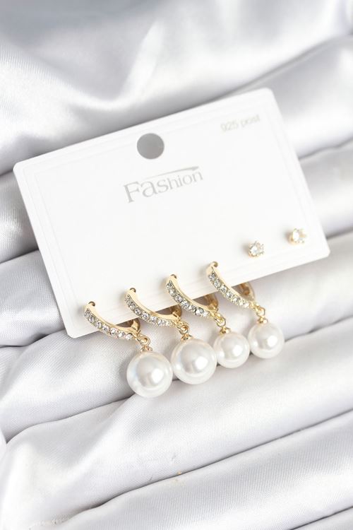 YRTCL Gold Renk Zirkon Taşlı Pirinç İncili 925 Ayar Gümüş Çivili Küpe Seti