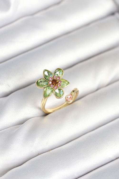 YRTCL Çiçek Model Yeşil Pirinç Gold Renk Yüzük