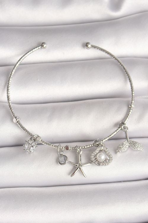 YRTCL Pirinç Gümüş Renk Sallantı Zirkon Taşlı Deniz Yıldız Figür Balık Kuyruğu Detay Charm Kadın Bileklik