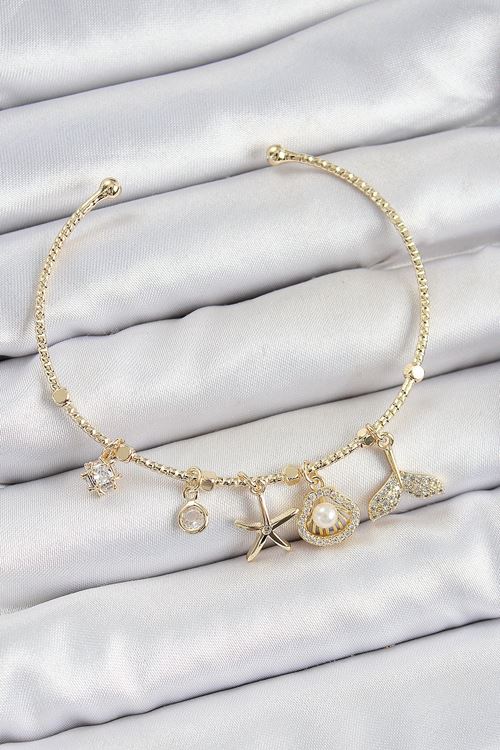 YRTCL Pirinç Zirkon Taşlı İstiridye Ve Deniz Yıldızı Model Gold Renk Charm Bileklik