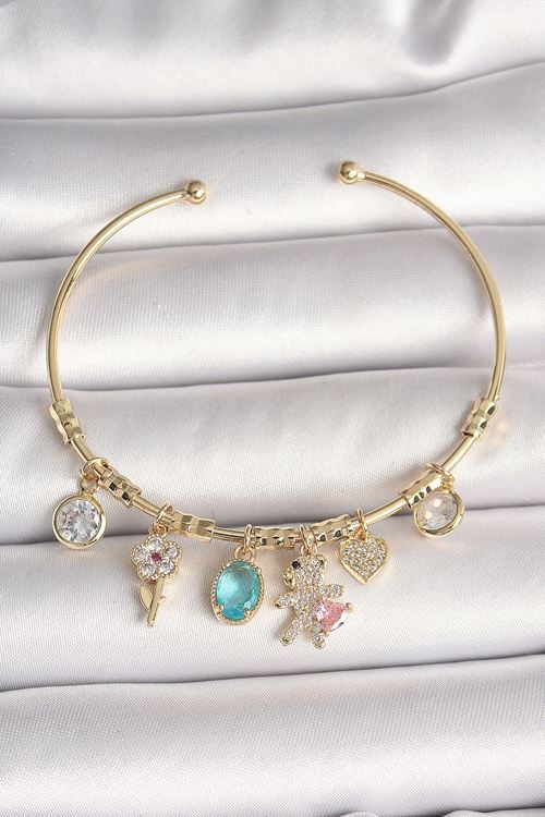 YRTCL Pirinç Gold Renk Sallantı Zirkon Taşlı AYıcık Figür Kalp Detay Charm Kadın Bileklik