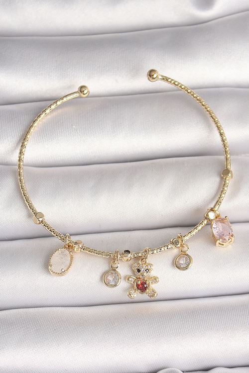 YRTCL Pirinç Gold Renk Sallantı Zirkon Taşlı Ayıcık Figür Kırmızı Kalp Detay Charm Kadın Bileklik