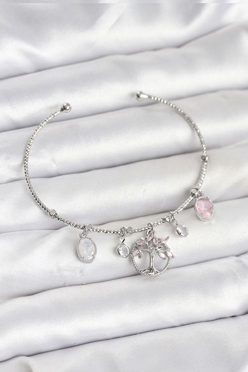 YRTCL Hayat Ağacı Charmlı Gümüş Renk Pirinç Kadın Bileklik