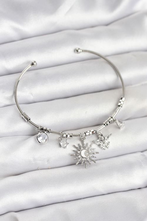 YRTCL Güneş Charmlı Gümüş Renk Pirinç Kadın Bileklik