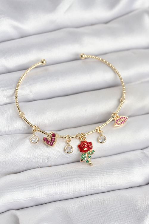 YRTCL Gül Charmlı Gold Renk Pirinç Kadın Bileklik