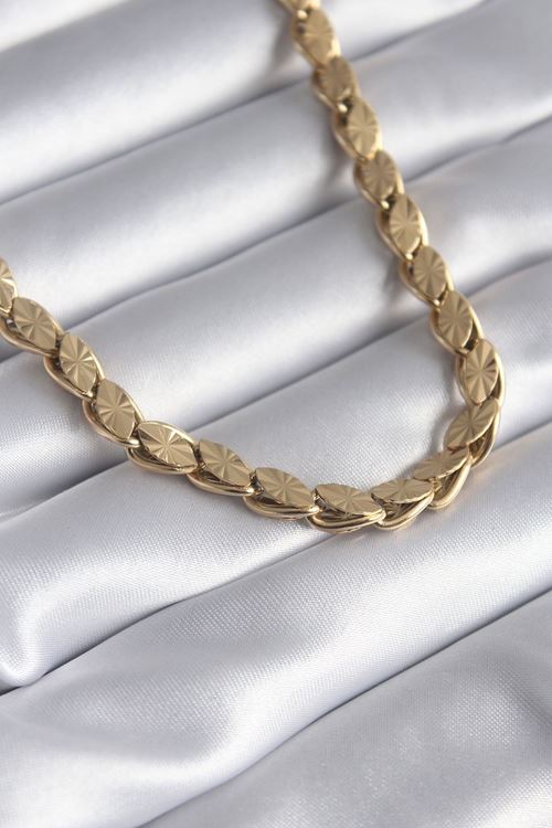 YRTCL 316L Çelik Gold Renk Lazer Kesim Arpa Zincir Model Kadın Kolye