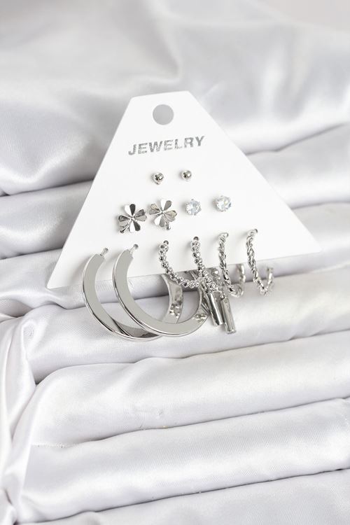 YRTCL Pirinç Gümüş Renk 6 Çift Kadın Küpe Seti