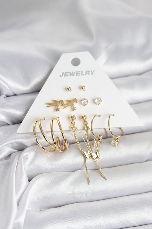 YRTCL Pirinç Gold Renk 6 Çiftli Kadın Küpe Seti