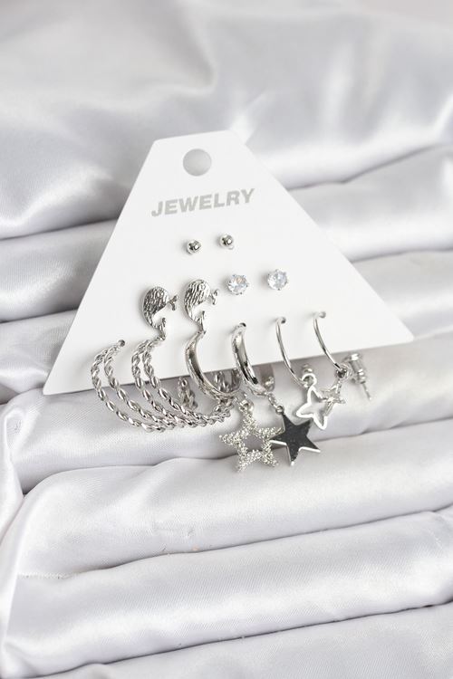 YRTCL Pirinç Gümüş Renk 6'lı Kadın Küpe Seti