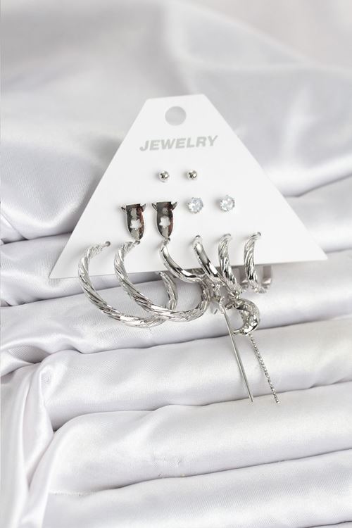 YRTCL Gümüş Renk Pirinç 6'lı Kadın Küpe Seti