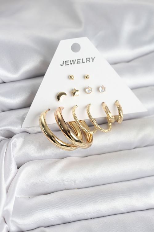 YRTCL Gold Renk 6 Çiftli Pirinç Kadın Küpe Seti