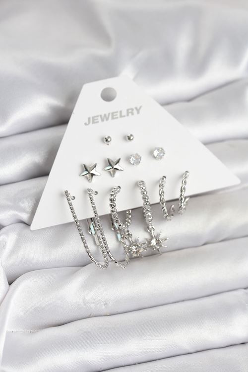 YRTCL Pirinç Gümüş Renk Küpe Seti 6'lı