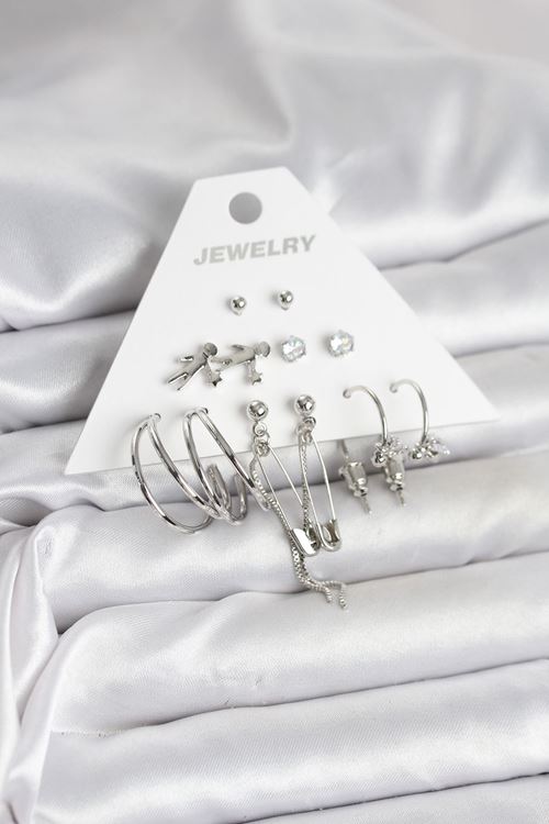 YRTCL Pirinç Gümüş Renk 6'lı Kadın Küpe Seti