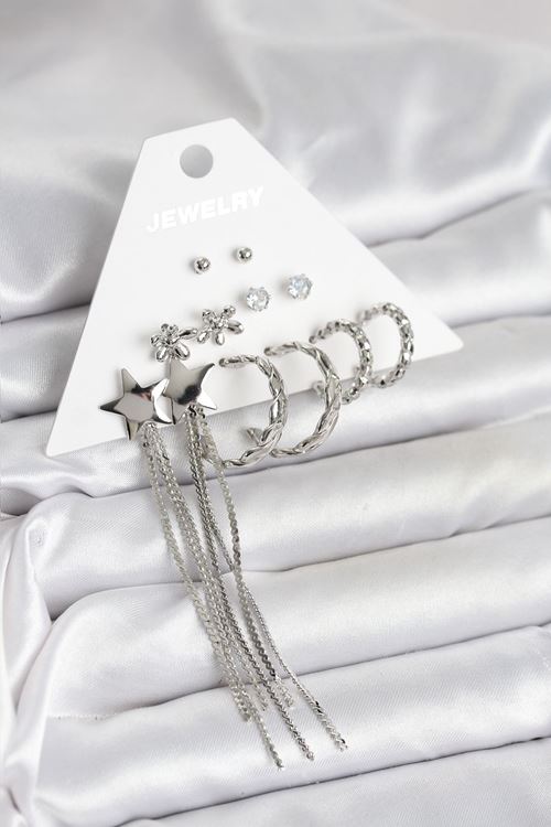 YRTCL Gümüş Renk Pirinç 6 Çift Kadın Küpe Seti