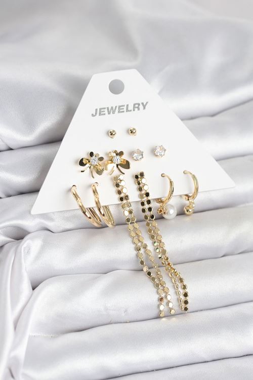 YRTCL Gold Renk Pirinç 6'lı Kadın Küpe Seti