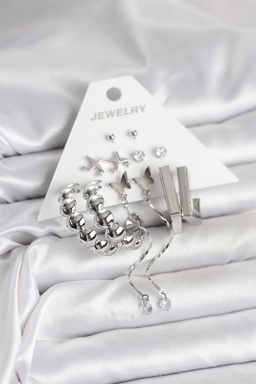 YRTCL Gümüş Renk Pirinç 6'lı Kadın Küpe Seti