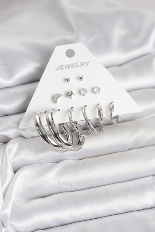 YRTCL Pirinç Gümüş Renk Halka Modelli 6 Çift Kadın Küpe