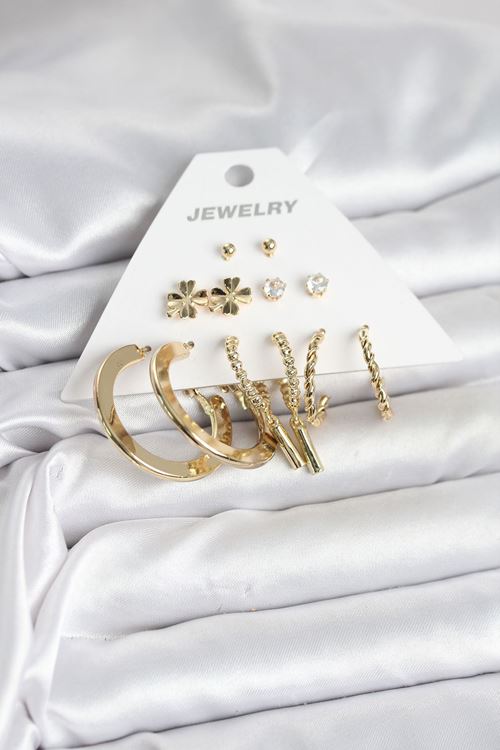 YRTCL Pirinç Gold Renk 6 Çift Kadın Küpe Seti