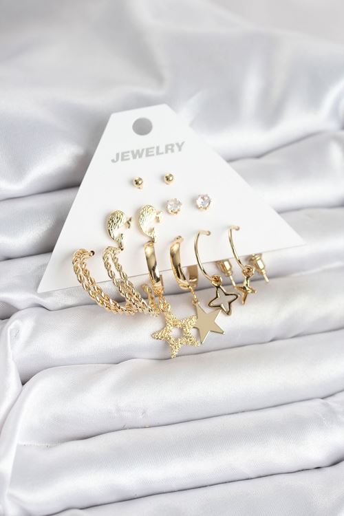 YRTCL Gold Renk Yıldızlı Set 6 Çift Kadın Küpe Seti