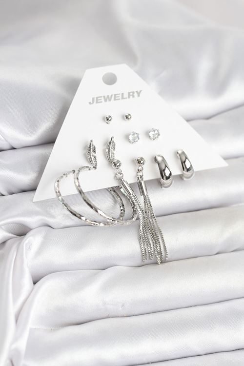 YRTCL Gümüş Renk Pirinç 6 Çiftli Kadın Küpe Seti