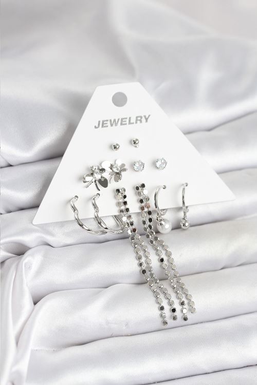 YRTCL Pirinç Gümüş Renk 6 Çift Kadın Küpe