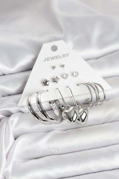 YRTCL Pirinç Gümüş Renk 6 Çift Kadın Küpe Seti