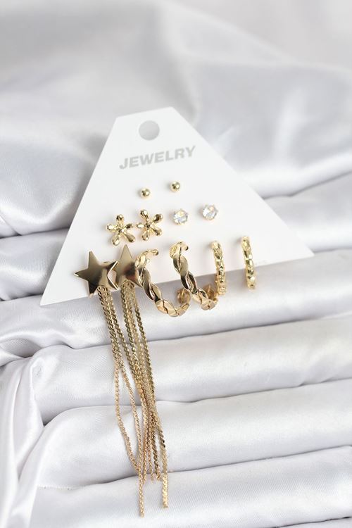 YRTCL Pirinç Gold Renk 6 Çift Kadın Küpe Seti