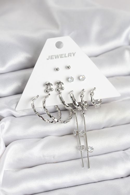 YRTCL Gümüş Renk Pirinç 6'lı Kadın Küpe Seti