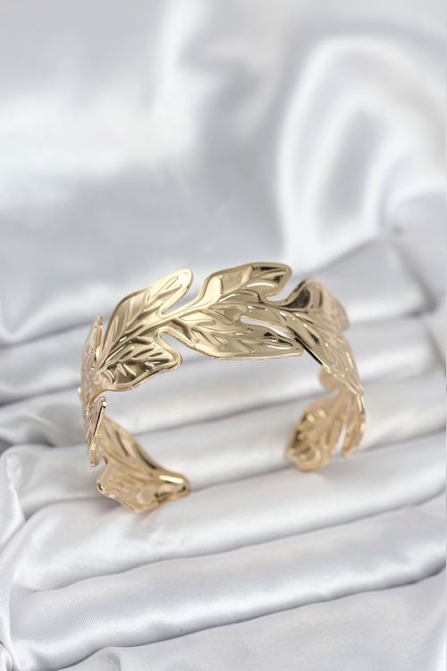 YRTCL Gold Renk Pirinç Levha Yaprak Model Kadın Bileklik