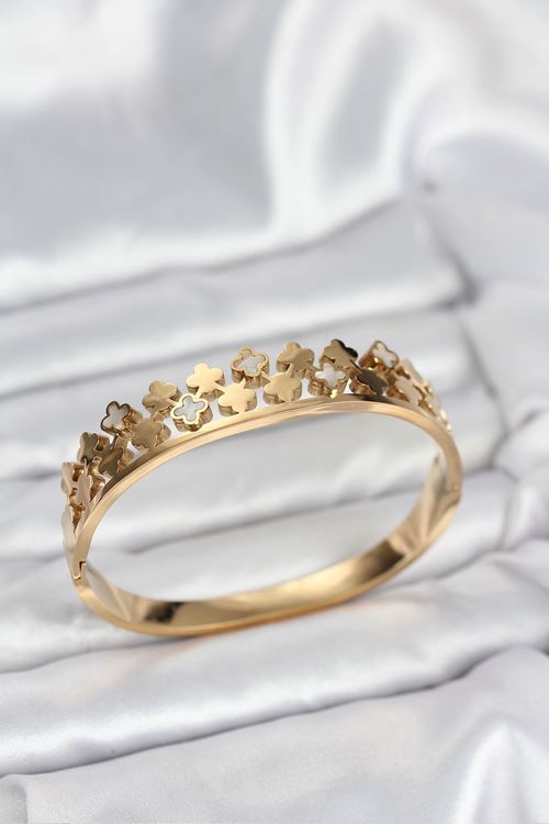 YRTCL 316L Çelik Gold Renk Minimal Yoncalı Kadın Kelepçe Bileklik