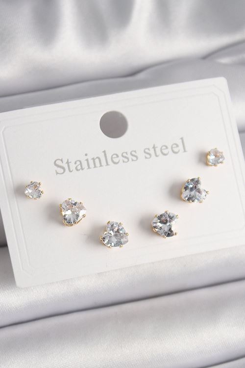 YRTCL 316L Çelik Gold Renk Zirkon Taşlı Kalp Model Kadın Küpe Seti