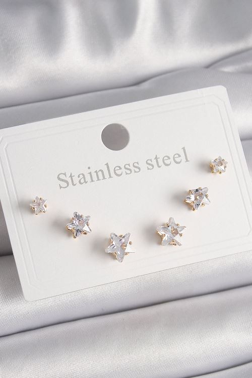 YRTCL 316L Çelik Gold Renk Zirkon Taşlı Yıldız Model Kadın Küpe Seti