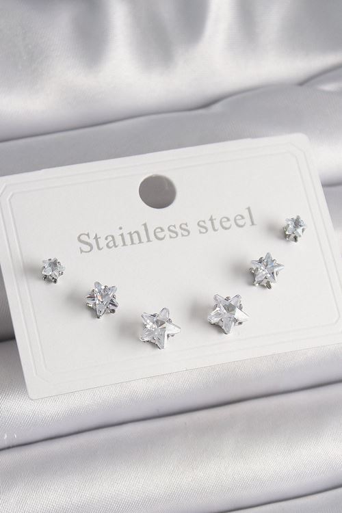 YRTCL 316L Çelik Gümüş Renk Zirkon Taşlı Yıldız Model Kadın Küpe Seti